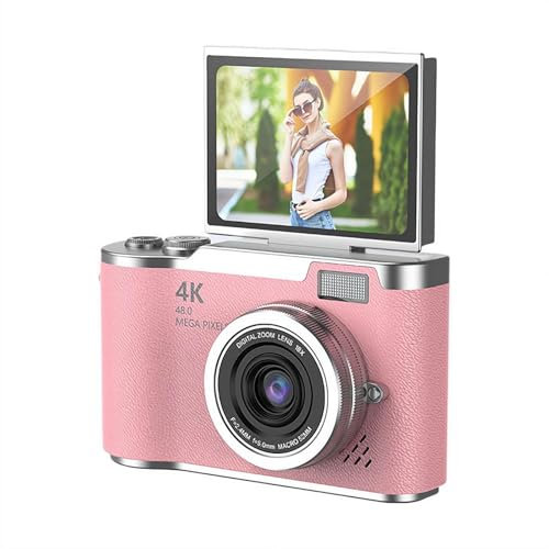 Fotocamera digitale 4K per foto, fotocamera portatile retrò con schermo pieghevole, fotocamera compatta retrò per esterni (rosa 1 set)