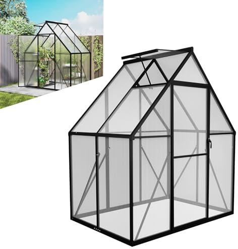 LZQ Serra da giardino in alluminio con fondazione, 125 x 180 x 195 cm, con porta scorrevole e lucernario, serra da giardino, resistente all'inverno, per l'allevamento di pomodori (6 x 4 ft)