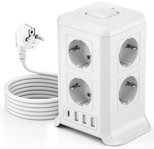 2 M Torre Regletas Enchufes, Regleta USB 8 Tomas de AC y 4 USB Enchufe Multiple,Regleta Enchufes Proteccion Sobretension, Regreltas Vertical con Interruptor para Mesa, Oficia, Casa,Blanco