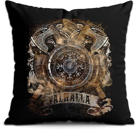 UGLYSHIRT Valhalla Kissen | Dekokissen im Wikinger Design – Schwarze Couchkissen Hülle mit Axt und Schild – Nordischer Mythos für Sofa oder Bett | Schwarz mit Füllung