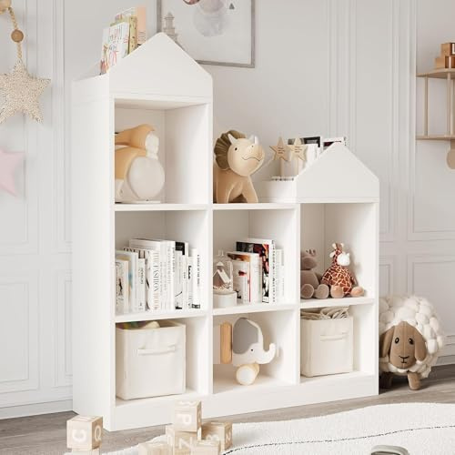 Garvee Spielzeug Aufbewahrung Organizer 7-Cubby Kinder Bücherregal Bücherregal Kleinkinder Spielhaus Schrank Regal für Jungen Mädchen Holz Aufbewahrung Spielzeug Regal für Spielzimmer Weiß 91x30x107cm