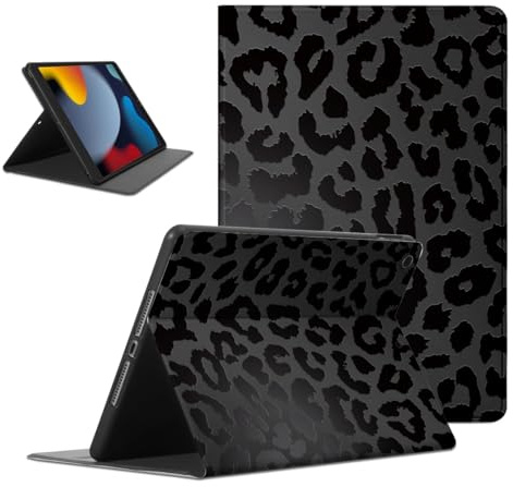 Coalbooliy Hülle für iPad 9./8./7. Generation, Aesthetic Leo Leopard Motiv Design Ultra Dünn Leicht SchutzHülle Cover mit Standfunktion TPU Rücken Slim PU Leder Smart Folio Tablet Case, Schwarz