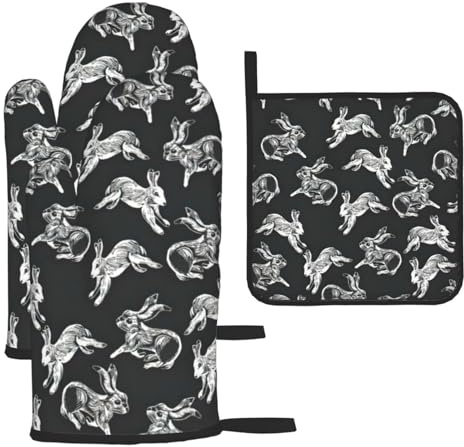 Ofenhandschuhe und Topflappen mit Hasen-Motiv, 3-teilig, hitzebeständig, langer Handschuh für die Küche