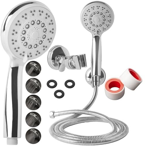 Pomme de douche + Support Ventouse + 2m flexible de douche en acier 5 fonctions de jet douche multifonction à haute pression ABS chromé pommeau anticalcaire avec buse économie d’eau G1/2