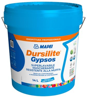 MAPEI Dursilite Gypsos Pittura Murale Professionale, Finitura Opaca, Resine Acriliche, Alta Copertura, Lavabile, Protezione contro Muffe, per Interni, 14 L