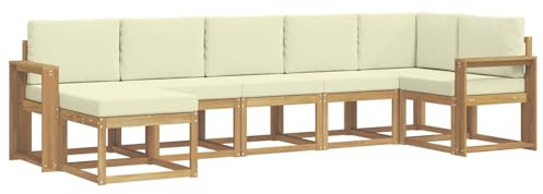 vidaXL Outdoor-Sofagarnitur mit Kissen 7 pcs Weiß und Creme Polyester, Modularer Gartensofa-Set, modernes Outdoor-Sofa, wetterfester Terrassenmöbel, Akazienholz, braunes Sitzen