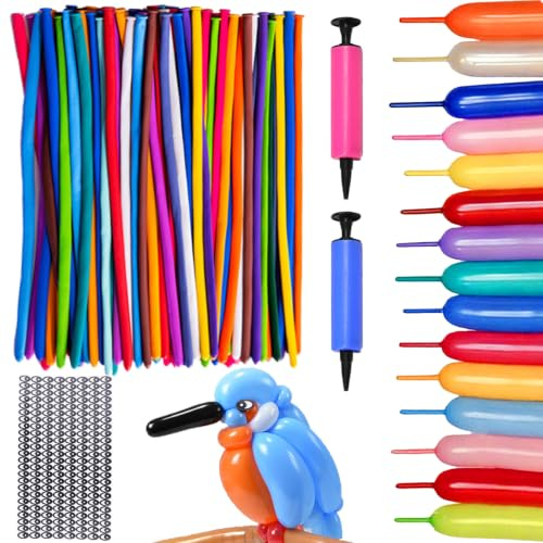 WENAUANG 150 Piezas Globos Largos, 2 Grande Bomba de Globos, 2 Emoticones Pegatinas, Globos Mágicos de Látex para Animales, Fiestas, Cumpleaños, Decoración y Manualidades DIY