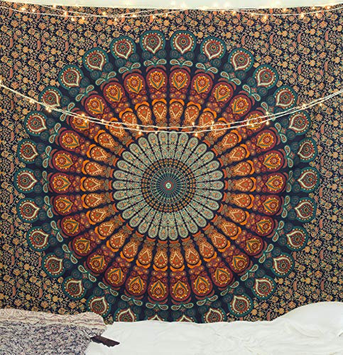Popular Handicrafts Wandteppich, Wandbehang, Hippie-Mandala, Bohemian, Hippie, psychedelisch, aufwendiges Blumendesign, indische Wandteppiche, Tagesdecke, 230 x 270 cm, mehrfarbig