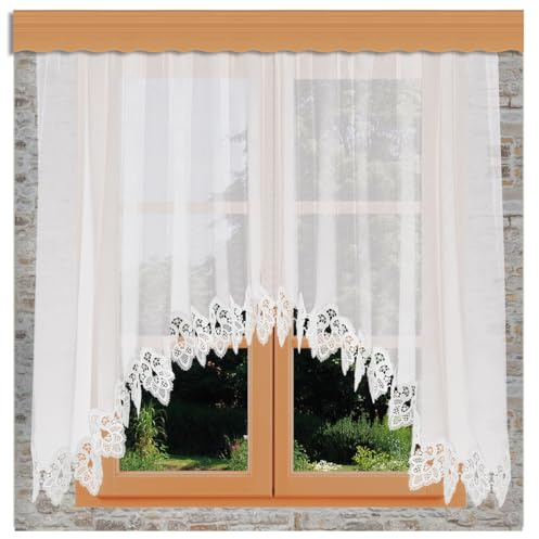 Gardinen-Store Jette Vogtländische Spitze | handgefertigter Blumenfenster-Store klassisch mit Reihband | lichtdurchlässiger Fenster-Vorhang mit Ornament-Stickerei weiß | C-Bogenstore HxB 225 x 400cm