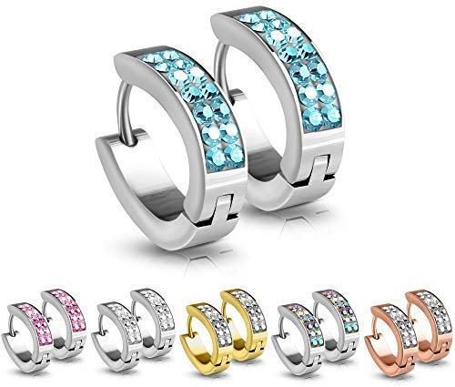 Treuheld® | Silberne Klapp-Creolen/Ohrringe zum Klappen | medizinischer Edelstahl | mit blauen Kristallen | 4mm x 15mm | Set/Paar Ohrstecker