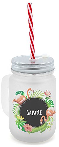 printplanet® - Trinkglas mit Henkel und Strohhalm - Bedruckt mit Namen Sabine Layout Tropisch - Henkel-Glas satiniert mit Deckel und Mehrweg-Trinkhalm