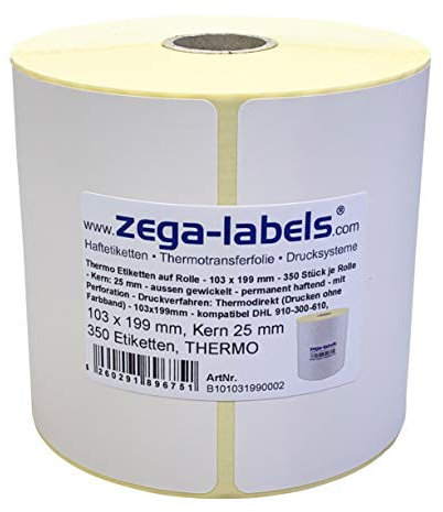 Thermo Etiketten auf Rolle - 103 x 199 mm - 350 Stück je Rolle - Kern: 25 mm - für Versandetiketten DHL - permanent haftend - mit Perforation - Druckverfahren: Thermodirekt (Drucken ohne Farbband)