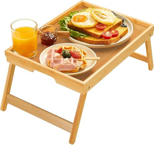 Pipishell - Vassoio da letto in bambù con gambe pieghevoli, vassoio per la colazione per divano, letto, mangiare, lavorare, utilizzato come vassoio da scrivania per computer portatile