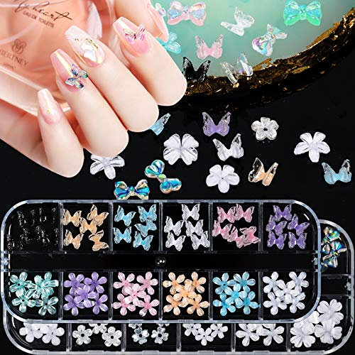 120pcs 3D farfalla chiodo charms fiori 3D fiocchi chiodo fascino chiodo disegni 2021 colorato acrilico farfalla fiore chiodo charms per nail art decorazione accessori fai da te artigianato