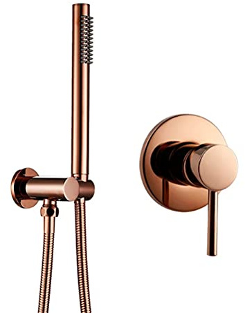 Grifo de Ducha Empotrado, Oro Rosa Cabezal de ducha de Mano y Manguera Set, Soporte Ducha Pared Con Válvula de Ducha, Latón Macizo Pulido Baño Ducha Para Baño, Bañera,Shower Set
