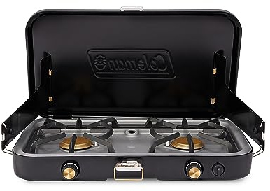 Coleman 1900 Collection 3-in-1 Propane Camping Stove, Cast Iron Grill & Griddle Accessories Included, 24,000 BTUs Across 2 Adjustable Burners with Wind Guards & Matchless Lighting