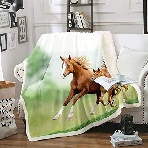 Kinder Fleece Decke Galoppierendes Pferd bedruckte Kuscheldecke für Jungen Mädchen 3D Wildtier Plüsch Decke 100x130cm Wildlife Style Fuzzy Flanell Fleecedecke für Schlafsofa Couch Grün Braun