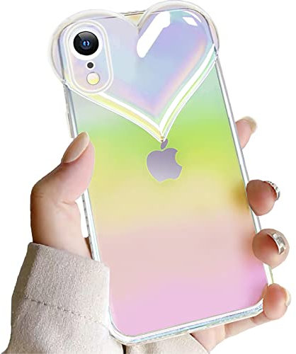 Ceckooty 3D Love Heart Case for iPhone XR Cases for Women Girls Cute Aesthetic Holographic Glitter Clear Crystal Design Shockproof Non-Yellowing Protective Case