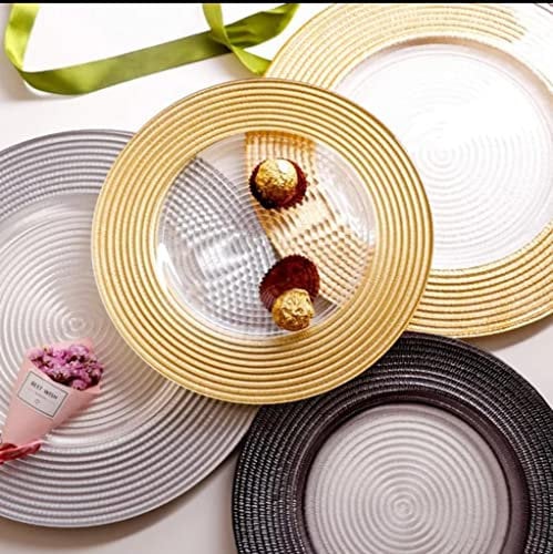 Glass Charger Plates, Round 13-Inch Party Plates, Gold Rim/Silver Rim/Black Rim (Silver, Set of 1)