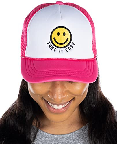 Funky Junque Smiley Face Trucker Hut Frauen Baseball Cap Mesh Herren Snapback Sommer Schmetterling Adrette Party Retro Unisex, Smiley (Take It Easy) – Hot Pink/Weiß, Einheitsgröße