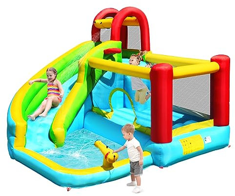 COSTWAY Castello Gonfiabile 6 in 1 per Bambini, Parco Acquatico con Trampolino, Parete di Arrampicata, Piscina, Scivolo, Cannone ad Acqua, Canestro Basket, Pallone e Borsa di Trasporto, 320x305x213cm