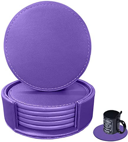 RICHSUM Dessous de verre 6 pièces en simili cuir souple, dessous de verres ronds avec couture autour, adaptés à différentes tasses, tables en bois, décoration de la maison, 10 cm (violet)
