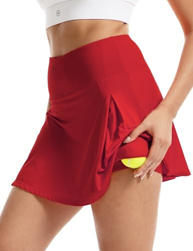 FitsT4 Sports Damen Tennisröcke Hohe Taille Rock Golf Athletisch Laufen Lässig Sport Minirock Workout Rock mit Taschen,Rot,M