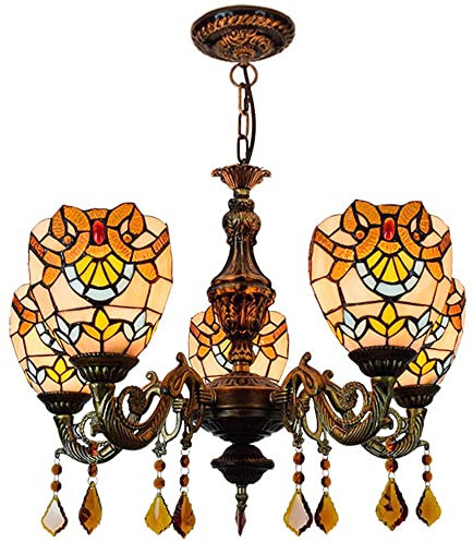 PAZWAHF Kronleuchter 5-Licht, Tiffany Hängeleuchte Buntglas im Jugendstil, Verstellbarer Lüster mit Kristallanhänger für Wohnzimmer Esszimmer, 24 Zoll (60cm)