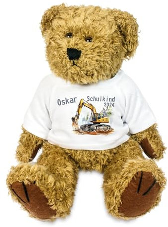 Kilala Teddybär Einschulung mit Bagger – personalisiert mit Name & Schulkind 2025 – Geschenk für Jungen – Plüschbär – Zuckertüte Schulstart Baustelle (Bagger gelb/grau)