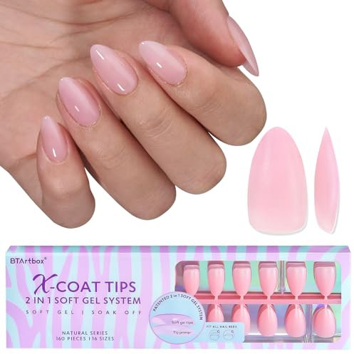 BTArtbox Short Almond Press on Nails Soft Gel Nail Tips Full Cover Nageltips Kurz Nagel Tips für Gelnägel, PRE-DESIGNED XCOATTIPS Rosa Kurz Künstliche Fingernägel für Nail Extensions