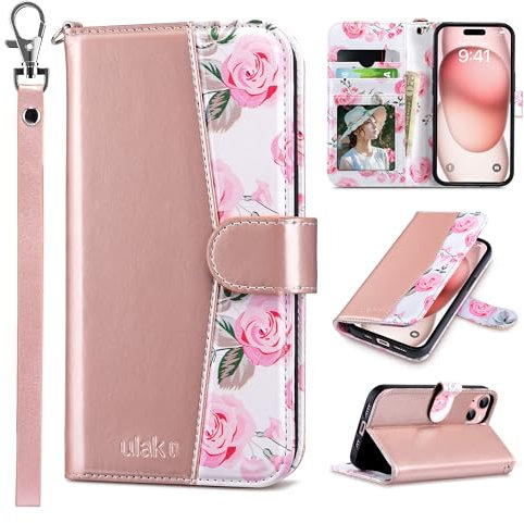 ULAK for iPhone 15 Case Wallet, Flip Case with Card Holder PU Leather + TPU Bumper Stand Cover Kickstand Full Protective Phone Case for iPhone 15 6.1 inch - Pink