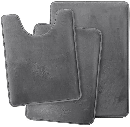 Lifup Badematte 3er Set, Weiche rutschfeste Mikrofaser Wasserabsorbierend Badezimmermatte Duschvorleger, 2 Badezimmer Teppiche, 1 Toilettenmatte Dunkelgrau