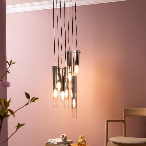 Lightbox Glamour Hängelampe - 199 cm Höhe, Ø 32 cm - elegante Pendelleuchte mit Glas Schirmen in Rauchfarben & kürzbarem Kabel - 7 x E14, max. 25 W - aus Metall/Glas - in Matt Schwarz/Rauchglas