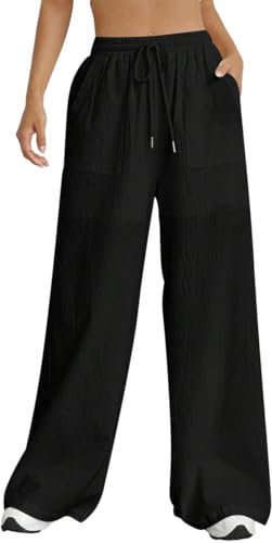 Nuofengkudu Black Wide Leg Trousers for Women UK Cotton Linen Drawstring Elastic Waist Pockets Loose Long Ladies Lounge Pants Yoga Comfy Lightweight Bottoms Leisure Joggers Summer Holiday Beach L