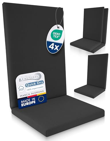 Beautissu Premium Set de 4 Cojínes Sillas Jardin con Respaldo Alto 100% Impermeable 120x50cm – Cómoda Fácil Cuidar Cojín Silla Exterior para Muebles Jardín – Acolchado Secado Rápido Antracita