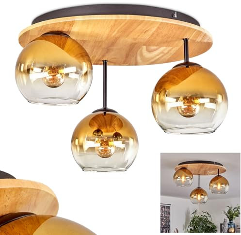 HOFSTEIN Deckenleuchte Koyoto, Deckenlampe aus Metall/Holz/Glas in Schwarz/Natur/Goldfarben/Klar, Leuchte im modernen Retro/Vintage-Design mit Schirmen aus Glas (Ø 15 cm), 3 x E27, ohne Leuchtmittel
