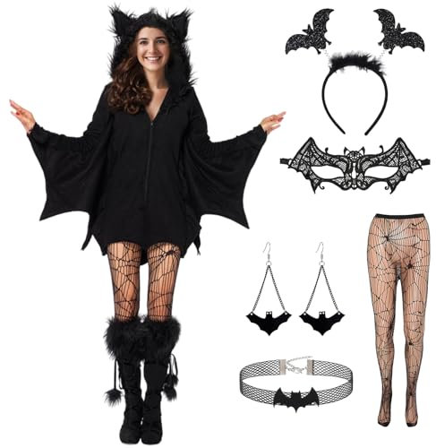 Suffolly Deguisement Chauve Souris Femme avec Bandeaux Colliers, Cape Halloween et Costume Diablesse pour Femme (M)
