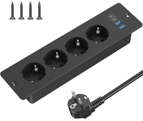 Tischplatte Versenkte Steckdose mit 2 USB C und 2 USB-A Anschluss, 4 Fach Einbausteckdose Steckdosenleiste mit 2m Kabel, Tischsteckdose Mehrfachsteckdose für Konferenztisch, Sofatisch (Schwarz)