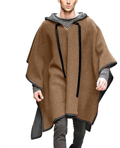 Duohropke Wolle Umhang Herren Einfarbig Poncho mit Kapuze Umschlagtuch Lose Cape Vintage Ethno Stil Kapuzenponcho Winter Long Mantel Warm Coat Cosplay Hoodie Retro Cowboy Kapuzenpullover
