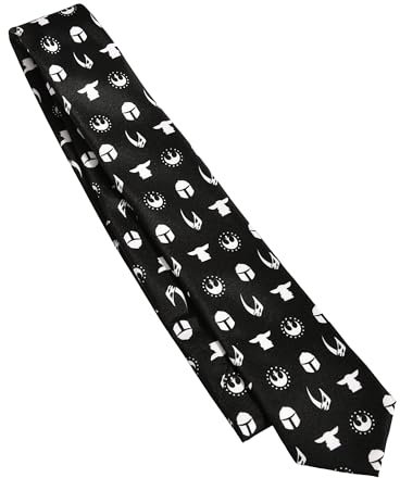 Elbenwald The Mandalorian Krawatte im Symbols Design - Grogu, Mandalorianer Helm, New Republic und Clan Mudhorn - für Herren Damen Unisex 152 x 7 cm Schwarz Weiß