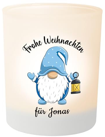 Weihnachts-Geschenk: Wichtel Teelichthalter personalisiert mit Namen – Teelichtglas Windlicht Weihnachtsdeko - Geschenk Weihnachten für Freunde Kollegen Familie (Frohe Weihnachten Blauer Wichtel)