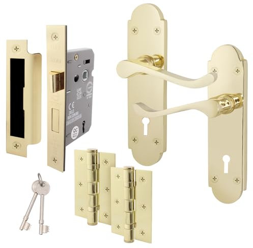 EAI Polished Brass Door Handle Set - Victorian Scroll Shaped | 1 Pair of Internal Handles with Hinges (76mm), Sash Lock (80mm) & Keys