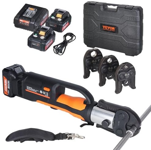 VEVOR Kit d'outils de sertissage de tuyaux électriques alimentés avec 2 batteries 18 V 4,0 Ah, pince à sertir professionnelle, avec mâchoires V15, V22, V28, chargeur rapide et étui de transport