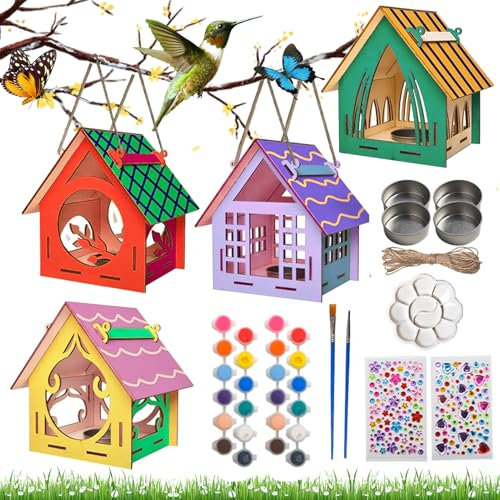 Shinybox Vogelhaus Bausatz für Kinder - 4 Stück 3D DIY Holz Basteln zum Bauen und Malen - Spielzeug Geschenk für Jungen Mädchen