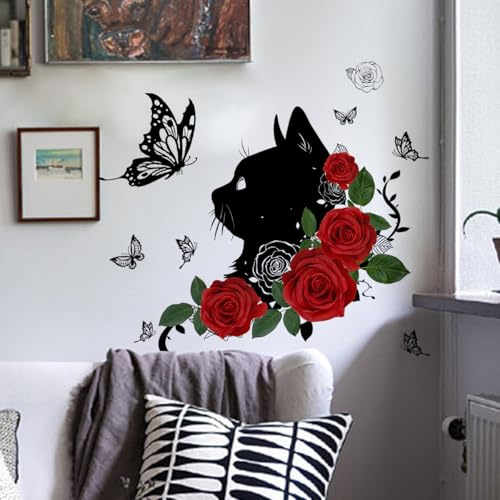 Winhappyhome Schwarze Katze Rose Blume Schmetterling Wandaufkleber Hintergrund Wand Home Dekoration Wandaufkleber