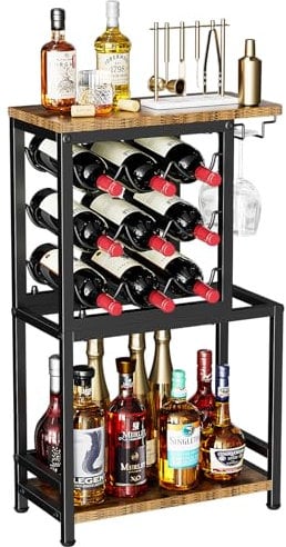 Nuovoware Rack Vin Autoportant Au Sol, Casier Vin Table 3 Étages avec Porte-Verres, Présentoir Liqueur Polyvalent pour Home Bar, Mini Table de Bar, Présentoir Liqueur, Whisky et Vin, Noir+Marron