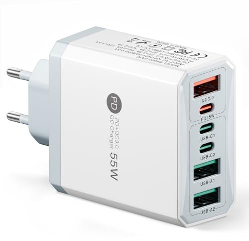 55W Cargador USB C Carga Rapida, 6 Puertos PD 25W 18W Compatible con Samsung Galaxy S25 S24 S23 iPhone 16/15/14/13/12 iPad Enchufe USB Multiple, Adaptador Movil (Blanco, 6 Puertos)