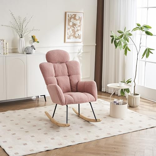 GYNGTLC gepolsterter Sitz für Wohnzimmer und Schlafzimmer, 055 Schaukelstuhl, weicher Teddystoff, getuftet (Rosa)