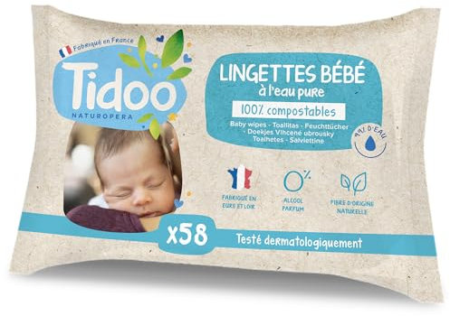 TIDOO - Lingettes à l’Eau pure - Lingette Bébé Douce et Ultra Résistante - Lingettes Nettoyantes Compostable Sans Allergènes - Soin Bébé Peaux Normales & Fragiles - 9x58 Lingettes Nettoyantes