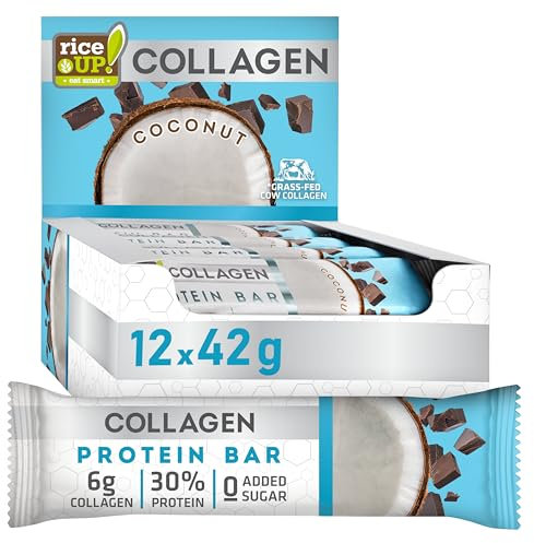 RiceUP! Barres Protéinées Collagène - Noix de Coco, 12 x 42g | 6000mg Collagène (Type I+III), 30% Protéines, Sans Sucre (12 x 42g, Noix de coco)